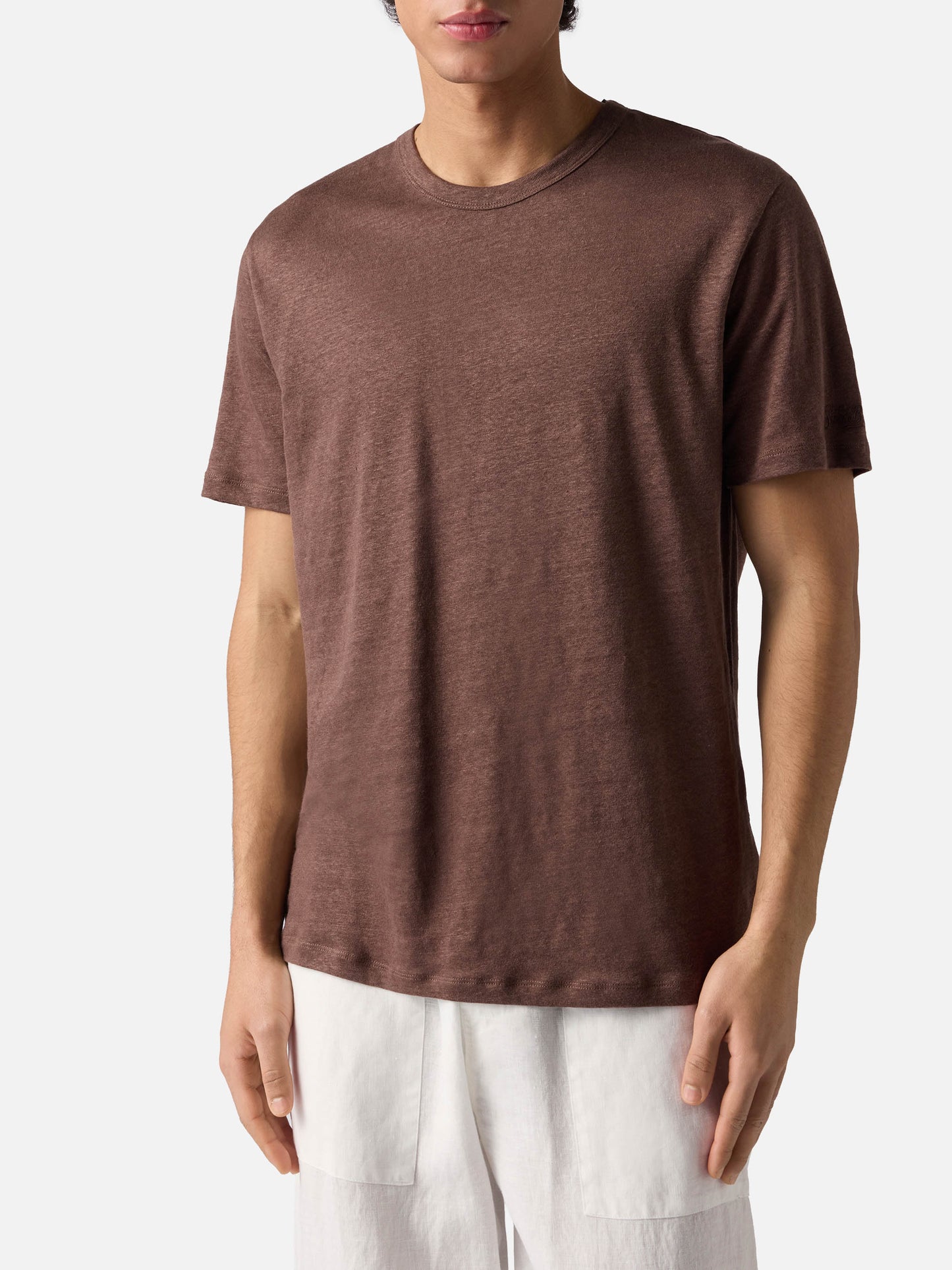 Brown Ecstasea pure linen t-shirt with logo embroidery