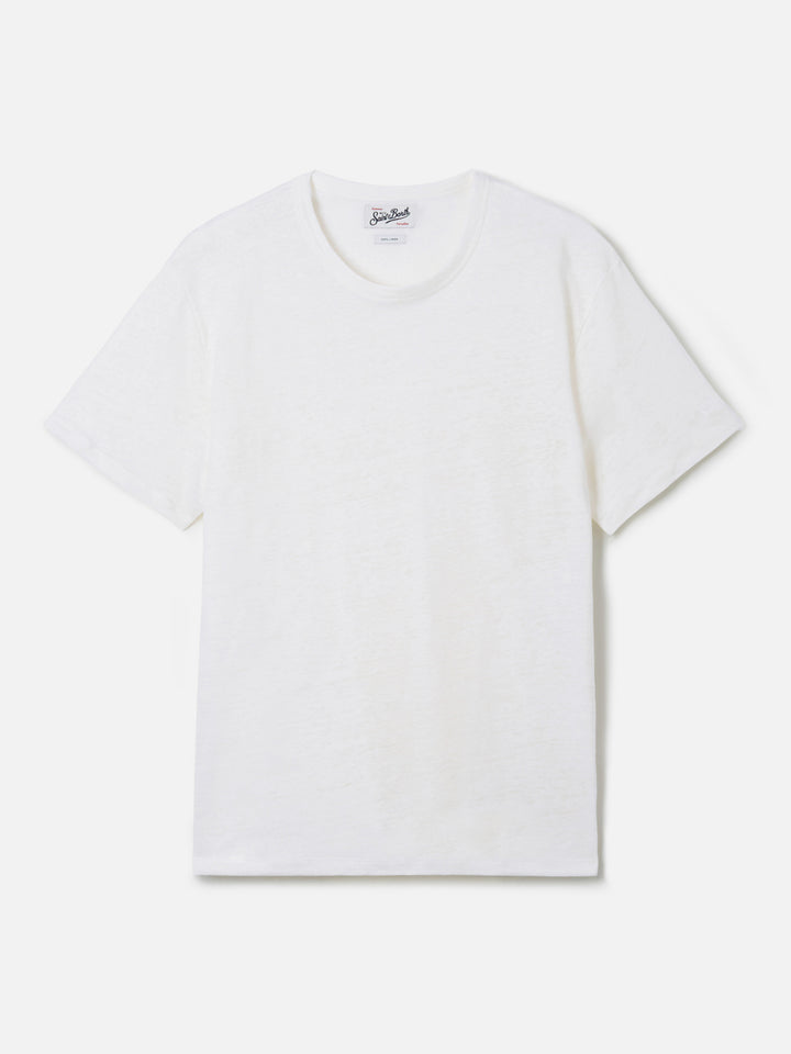 White Ecstasea pure linen t-shirt with logo embroidery