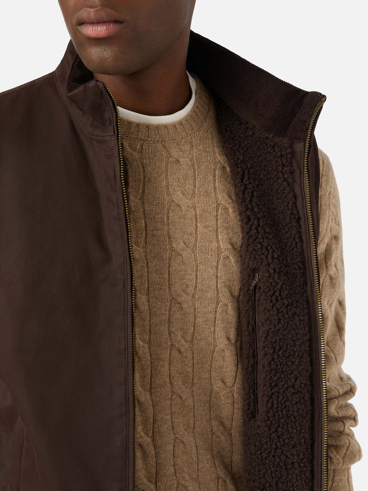 Brown Edgar waxed vest with teddy lining