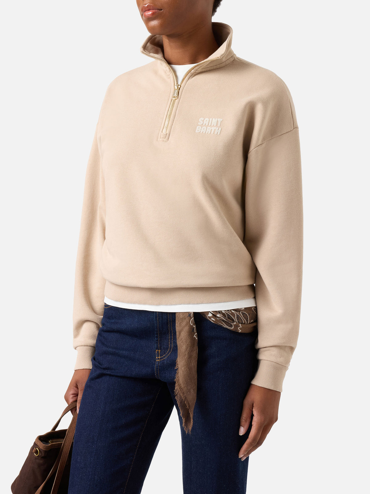 Sweat-shirt en coton beige Eliade à demi-zip avec logo floqué 