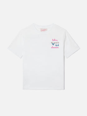Elly T-shirt in white cotton with Bikini Obsession embroidery and rhinestones