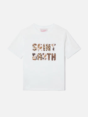 Elly T-shirt in white cotton with animal print logo patch