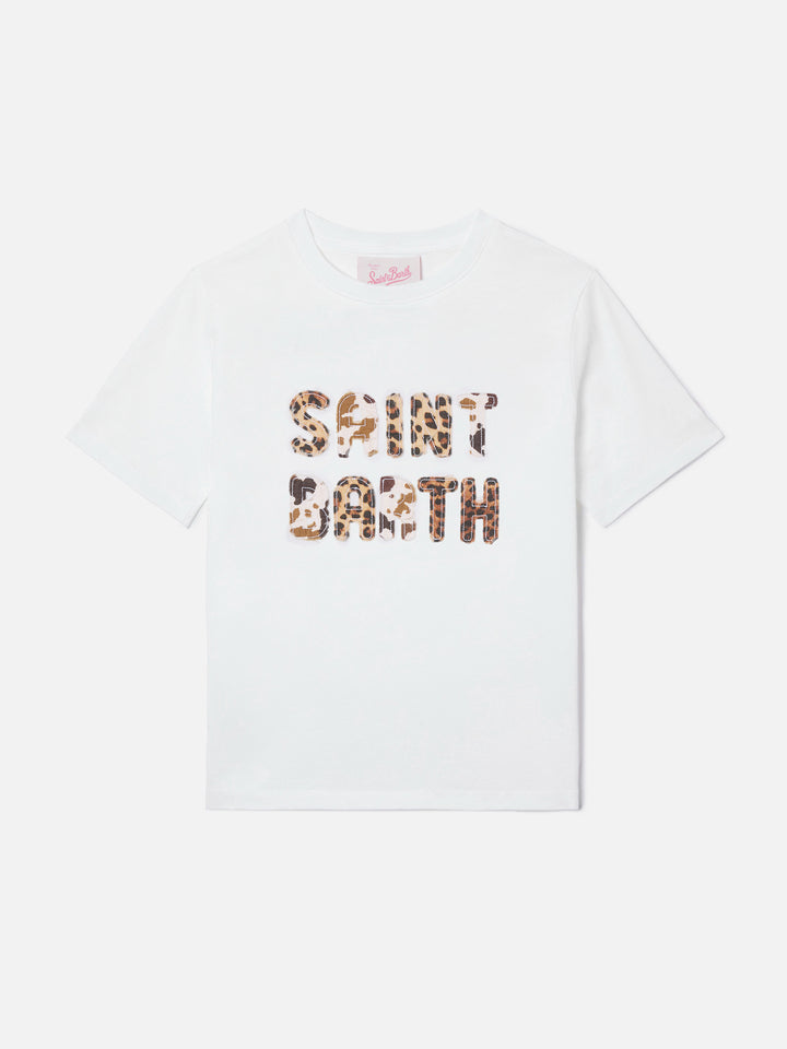 Elly T-shirt in white cotton with animal print logo patch