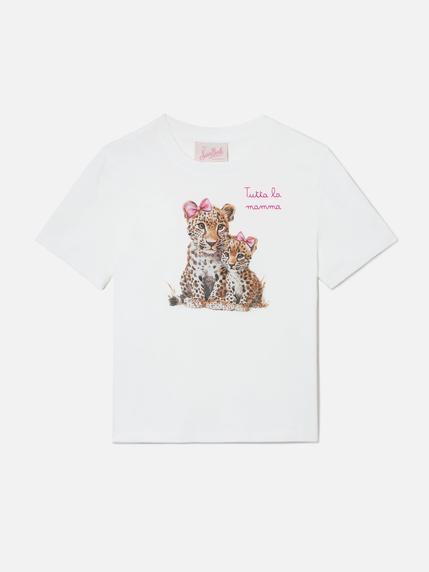 Elly T-shirt in white cotton with leopard print and Tutta la mamma embroidery