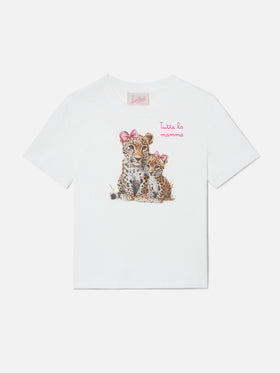 Elly T-shirt in white cotton with leopard print and Tutta la mamma embroidery