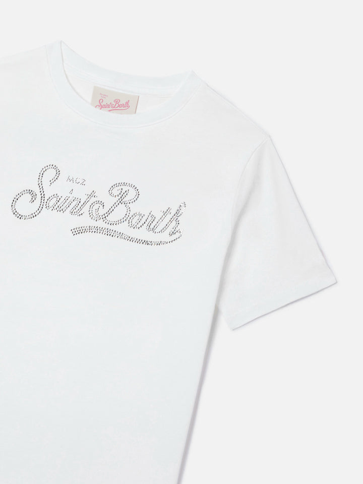 Elly T-shirt in white cotton with Saint Barth rhinestones embellishment