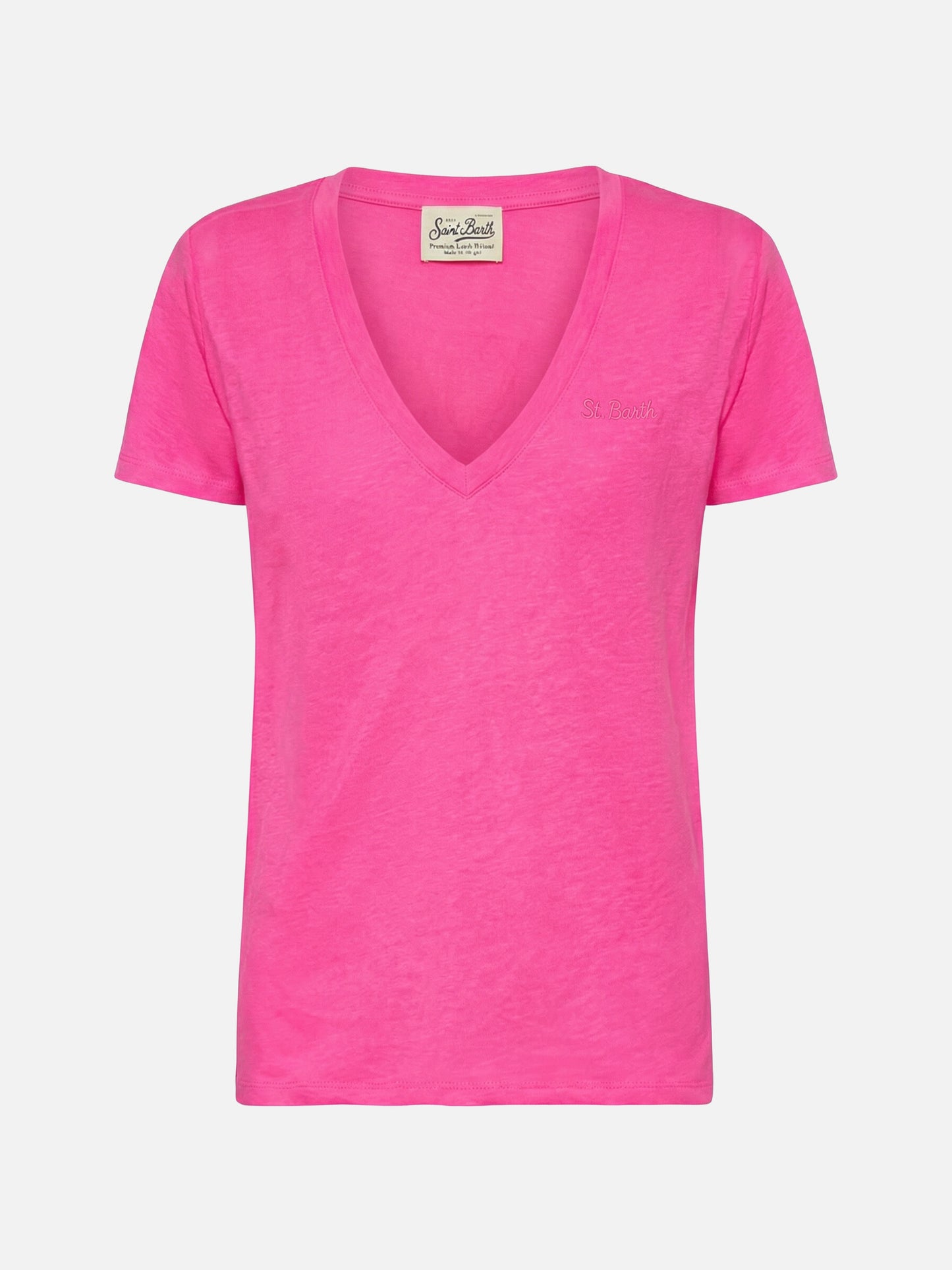 Linen jersey fluo pink V-neck t-shirt Eloise