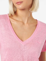 T-shirt scollo a V rosa Eloise in jersey di lino