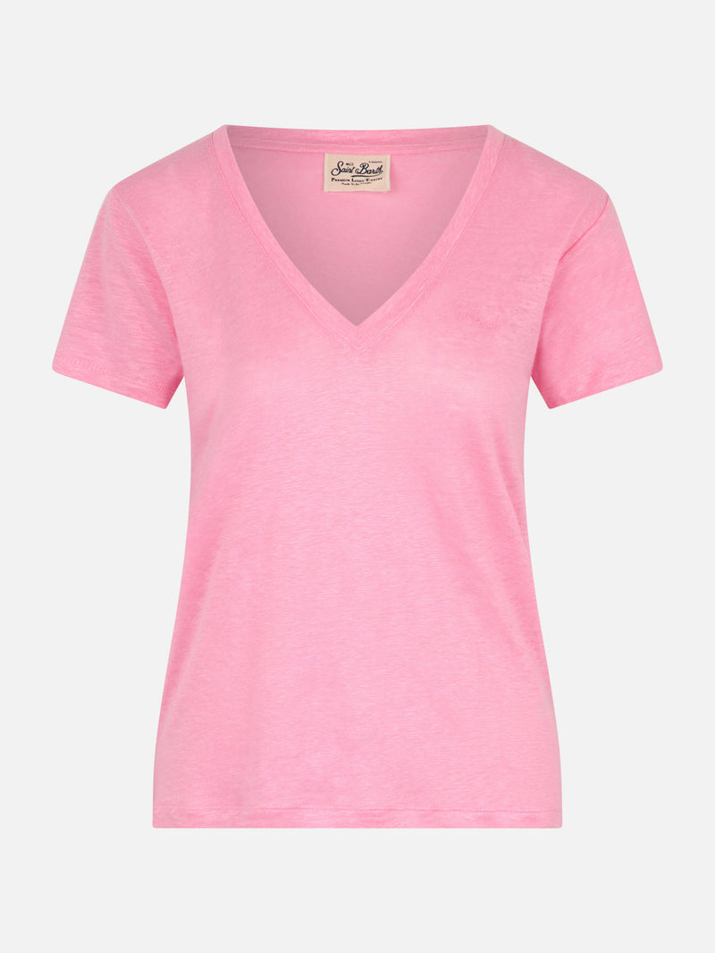 T-shirt scollo a V rosa Eloise in jersey di lino