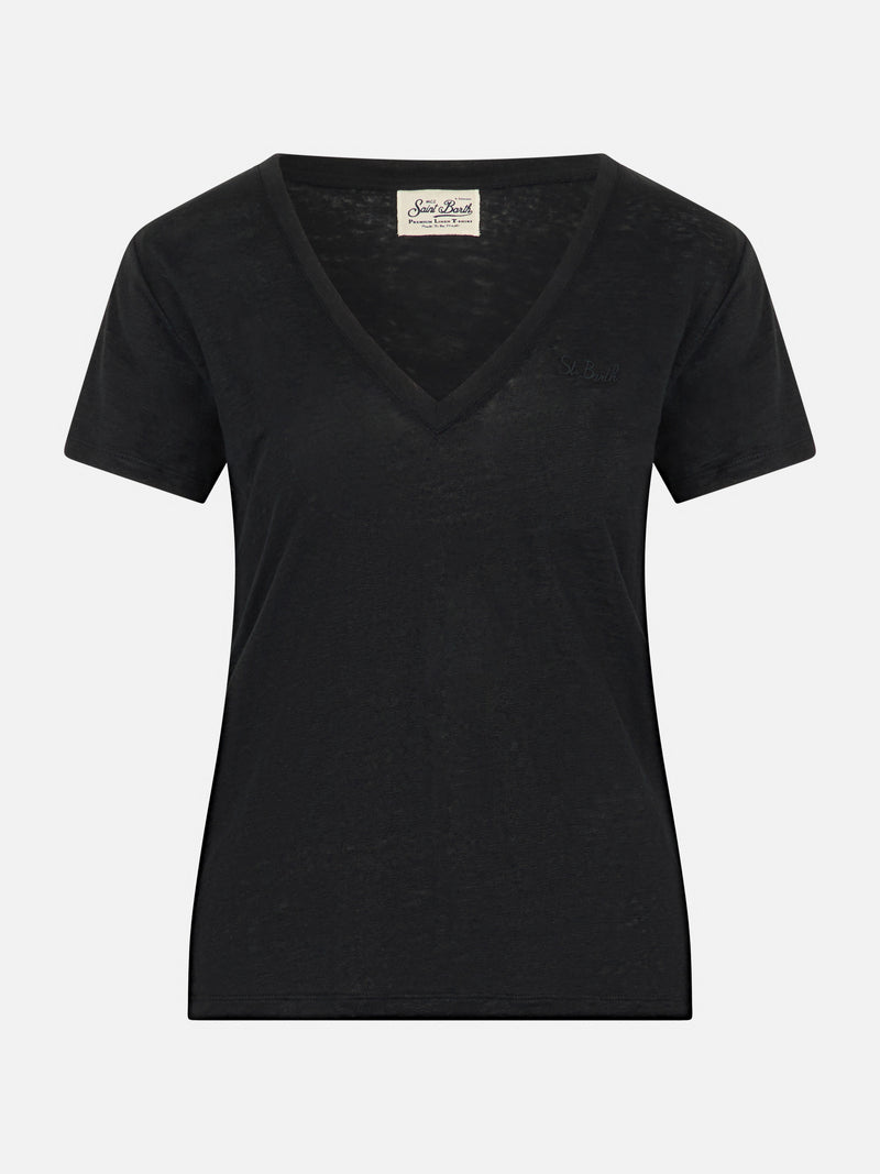 Schwarzes T-Shirt mit V-Ausschnitt aus Leinenjersey Eloise