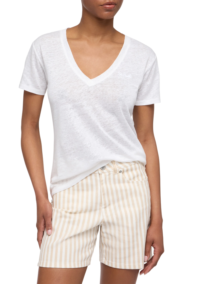Linen jersey white V-neck t-shirt Eloise