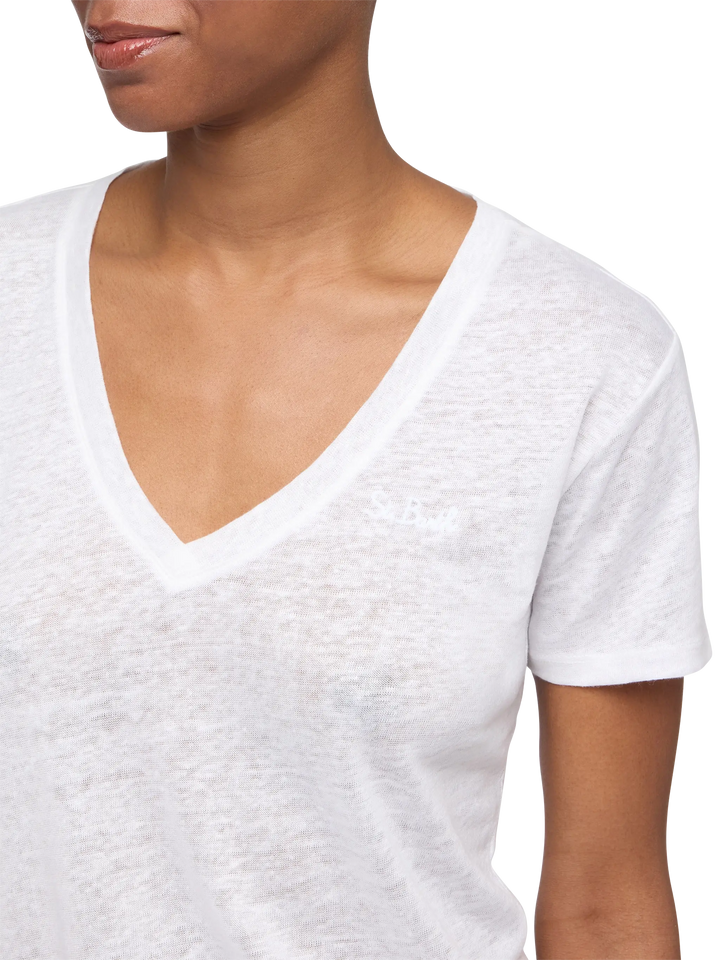 Linen jersey white V-neck t-shirt Eloise