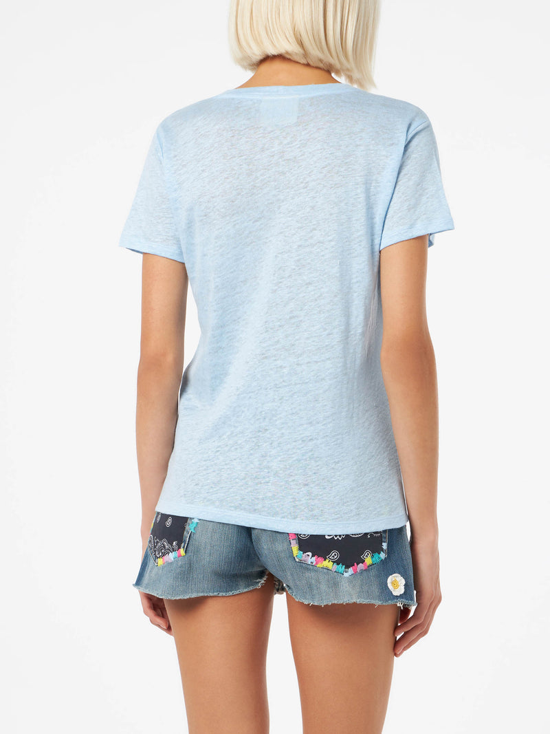 T-shirt scollo a V azzurro Eloise in jersey di lino