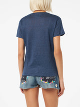 T-shirt scollo a V Eloise in jersey di lino blu navy