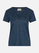 T-shirt scollo a V Eloise in jersey di lino blu navy