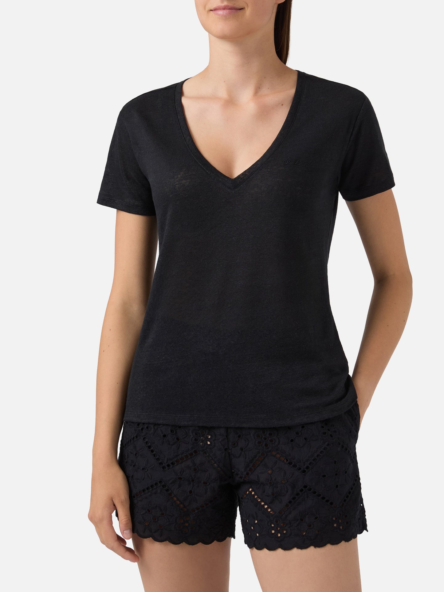 Black linen Eloise T-shirt with embroidered logo