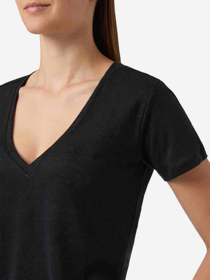 T-shirt Eloise in lino nero con logo ricamato