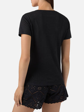 Black linen Eloise T-shirt with embroidered logo
