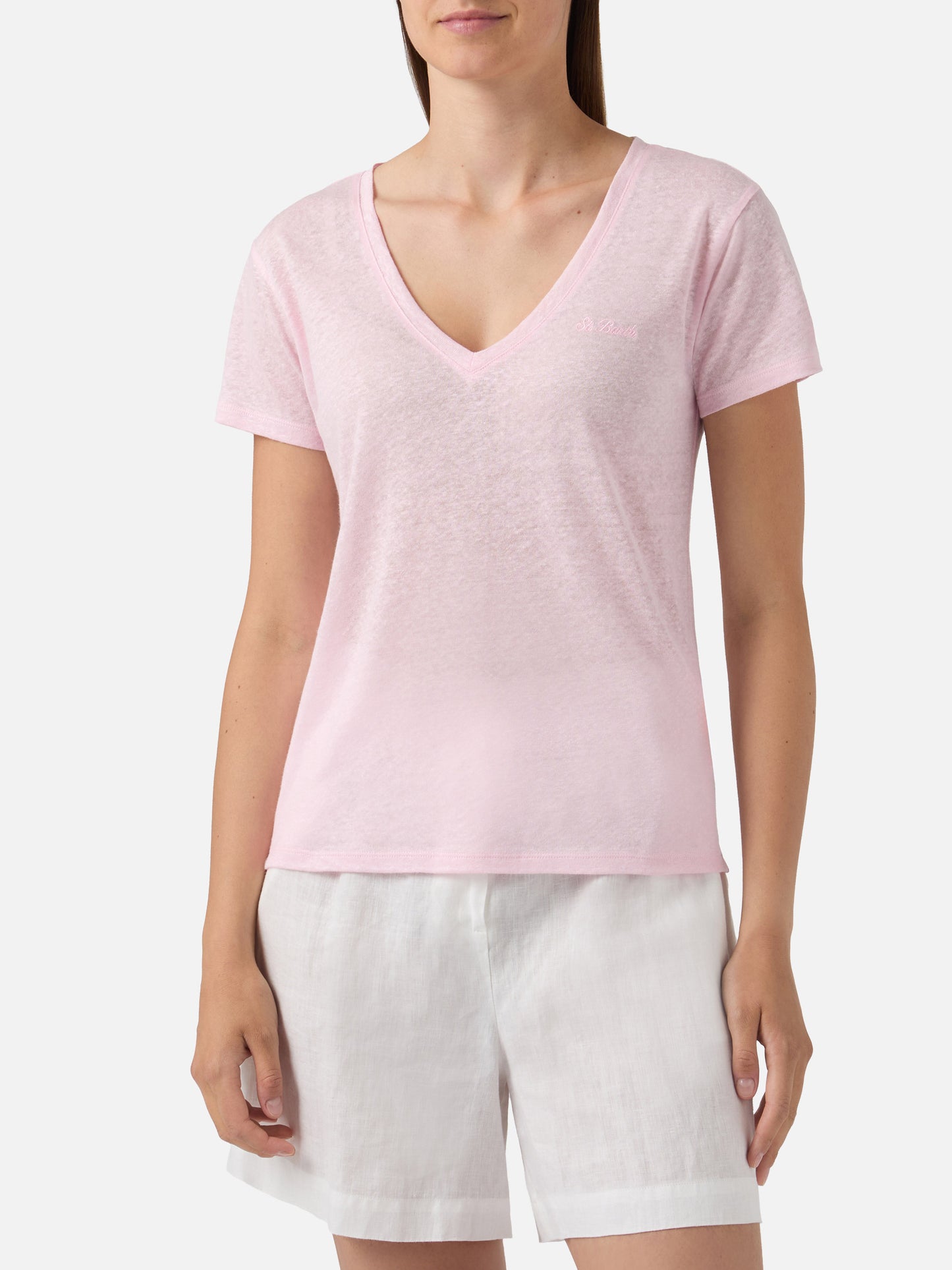 T-shirt Eloise in lino rosa con logo ricamato