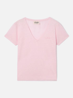 T-shirt Eloise in lino rosa con logo ricamato