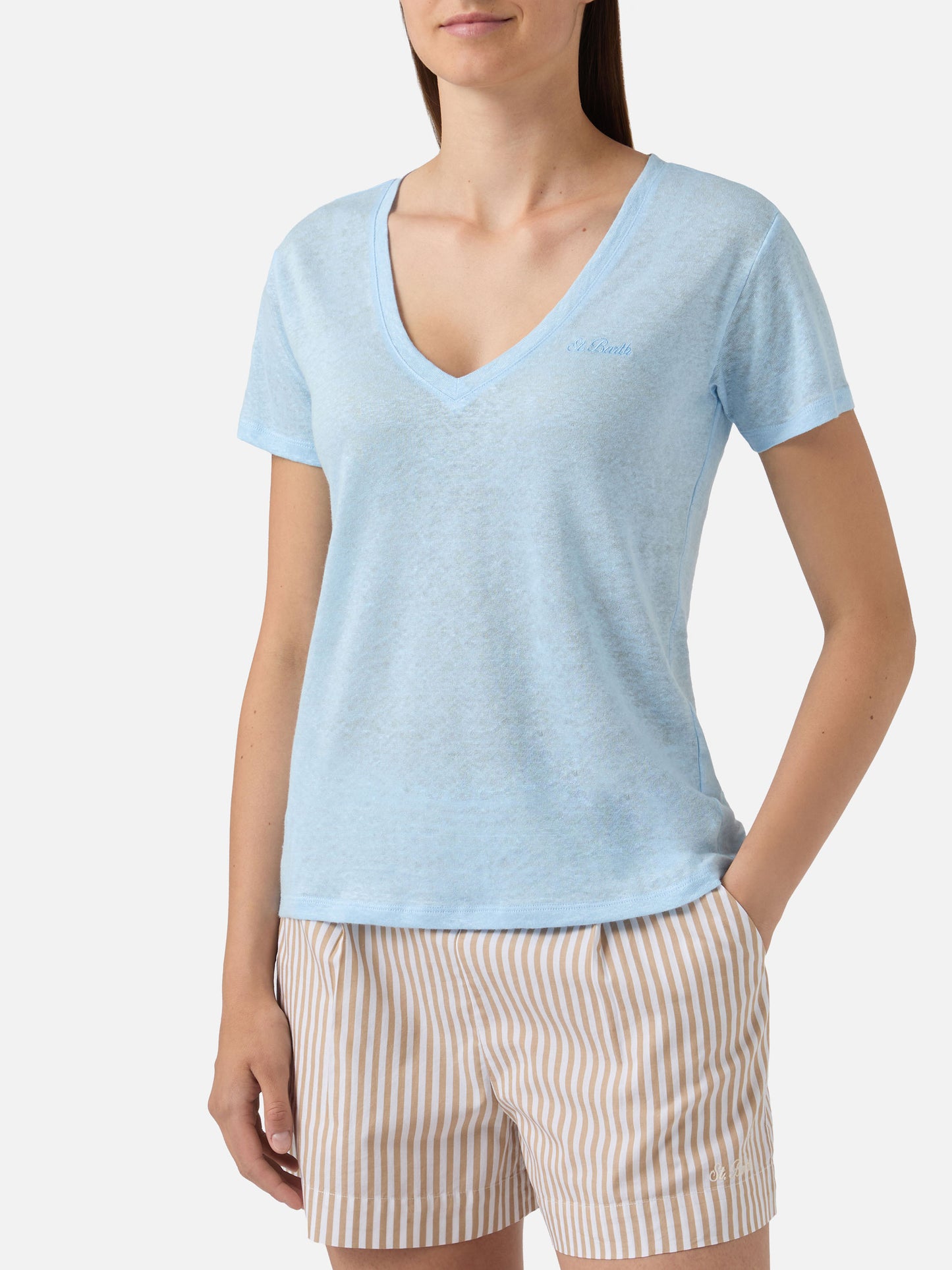 T-shirt Eloise in lino azzurro con logo ricamato