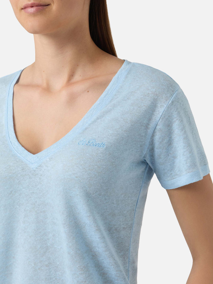 T-shirt Eloise in lino azzurro con logo ricamato