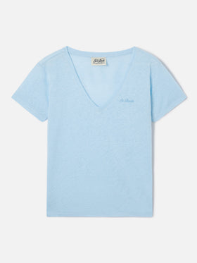 T-shirt Eloise in lino azzurro con logo ricamato