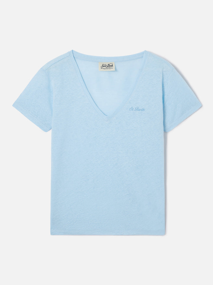 Camiseta Eloise de lino azul claro con logotipo bordado 