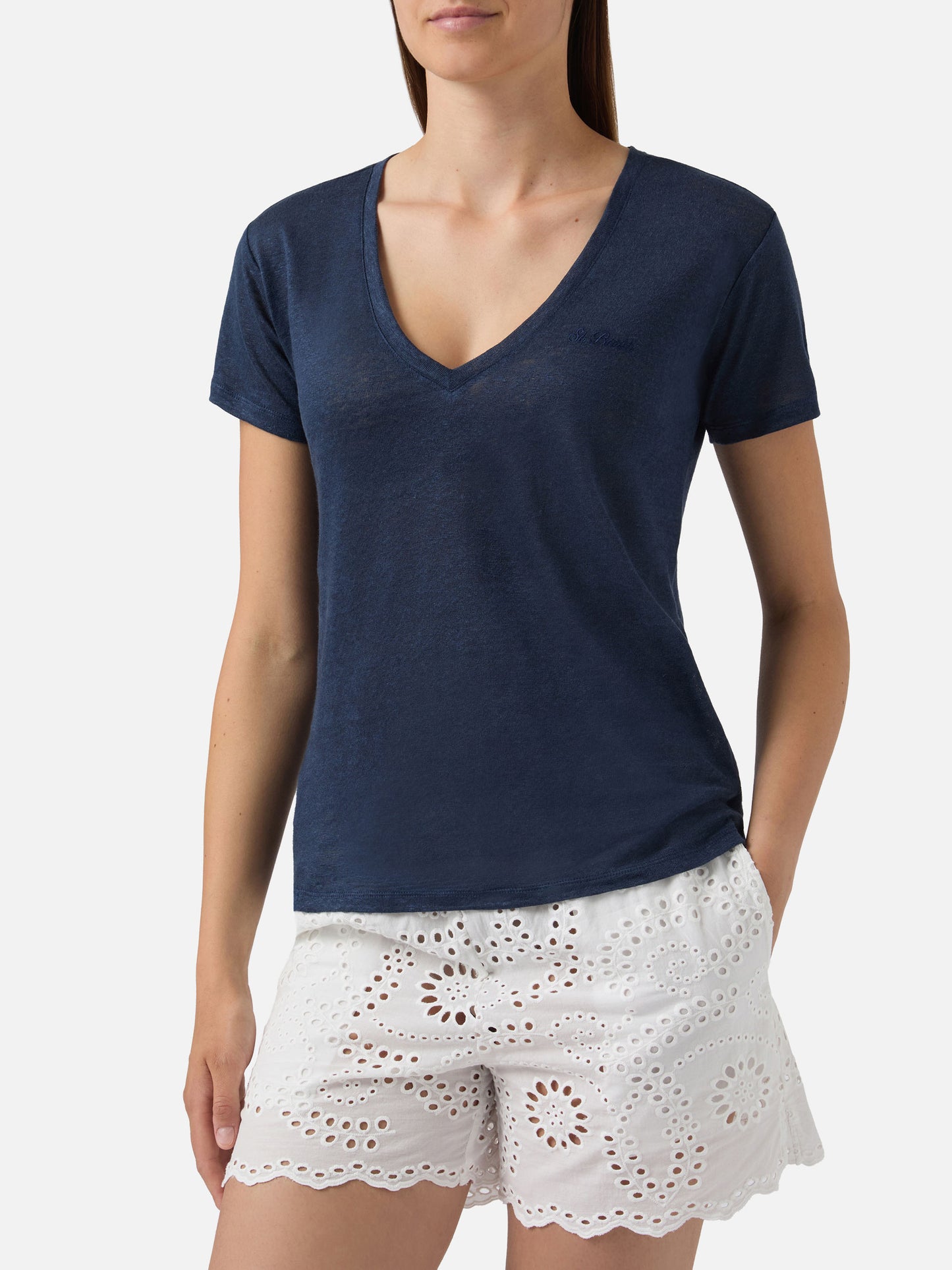 Blue linen Eloise T-shirt with embroidered logo