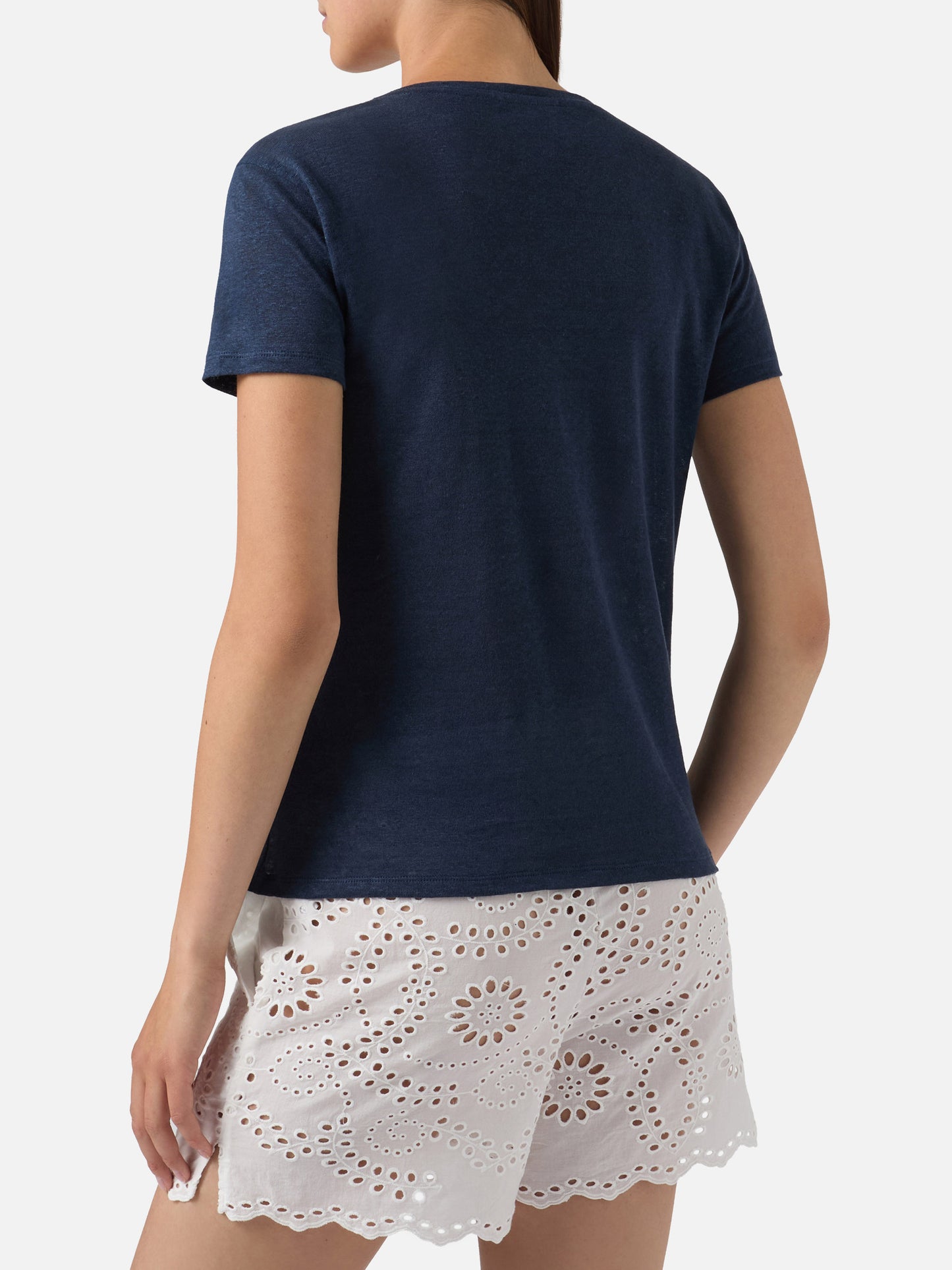 Blue linen Eloise T-shirt with embroidered logo