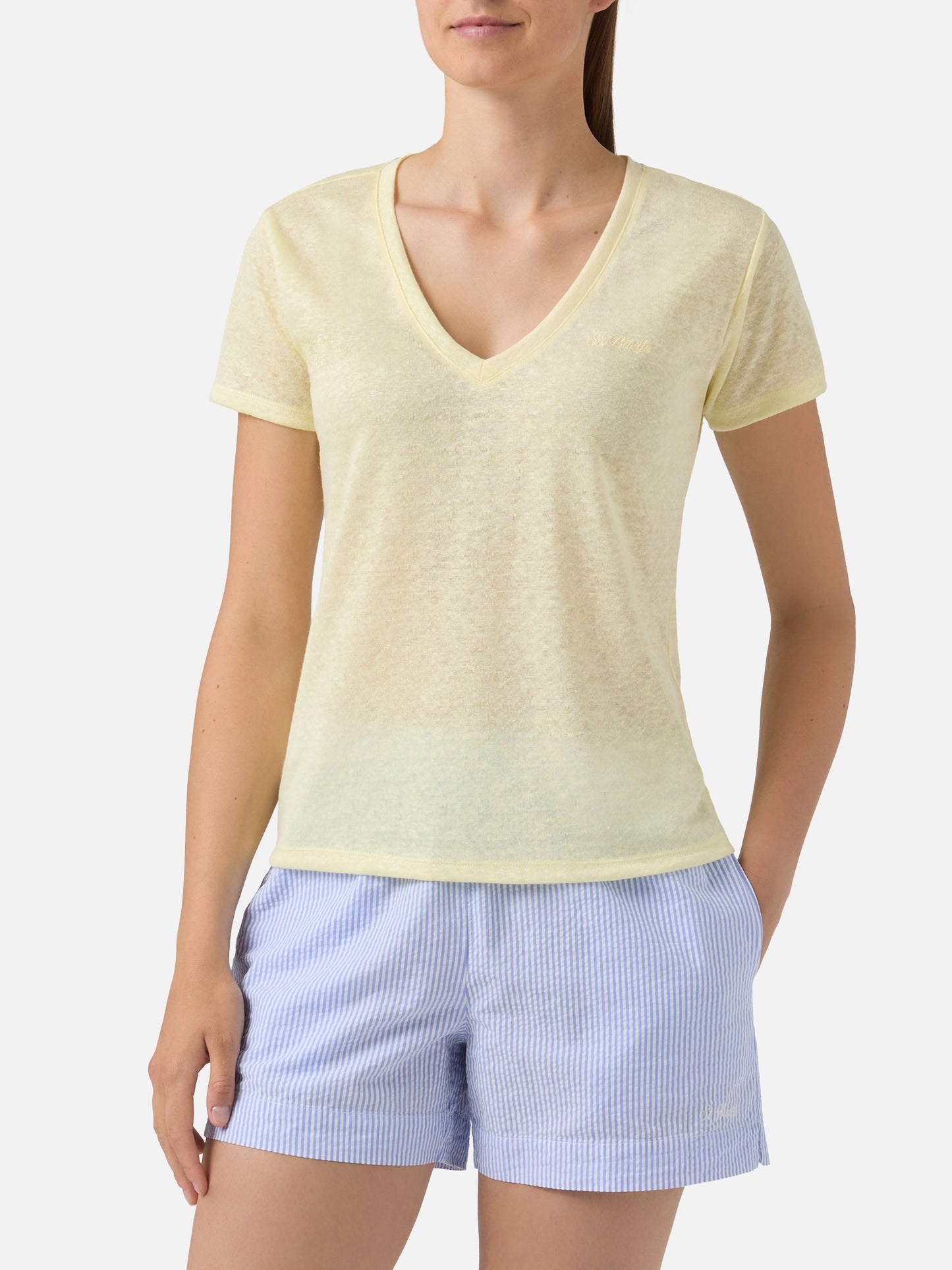 Camiseta Eloise de lino amarillo con logotipo bordado 