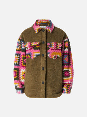 Khaki green overshirt Elys with crochet sleeves