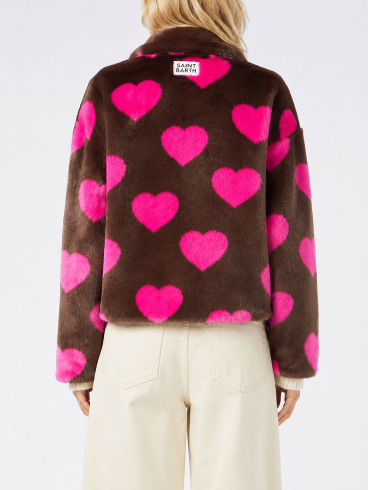 Emelyn short faux fur jacket with heart print