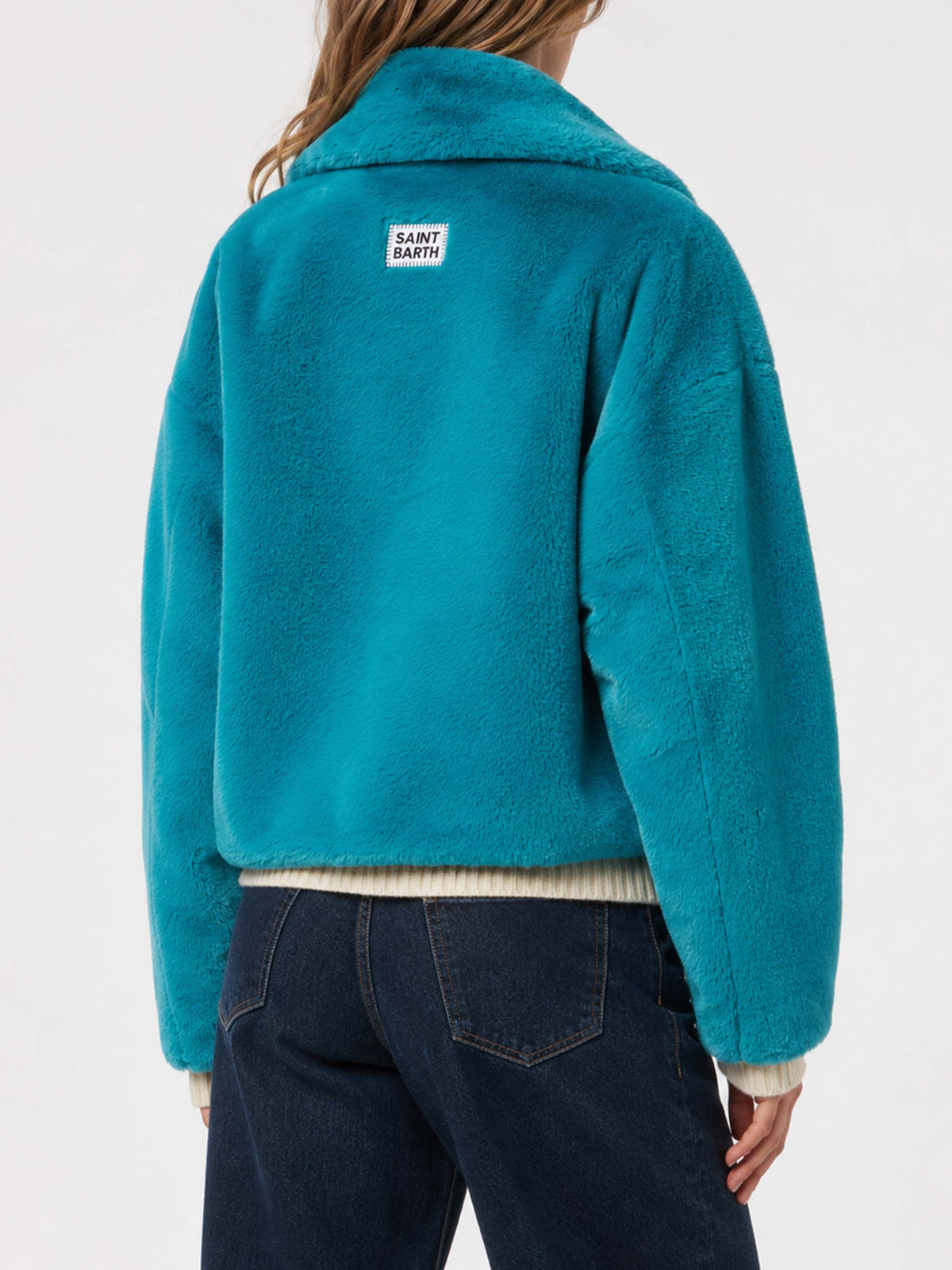 Kurzjacke Emelyn aus teal-farbenem Kunstfell 