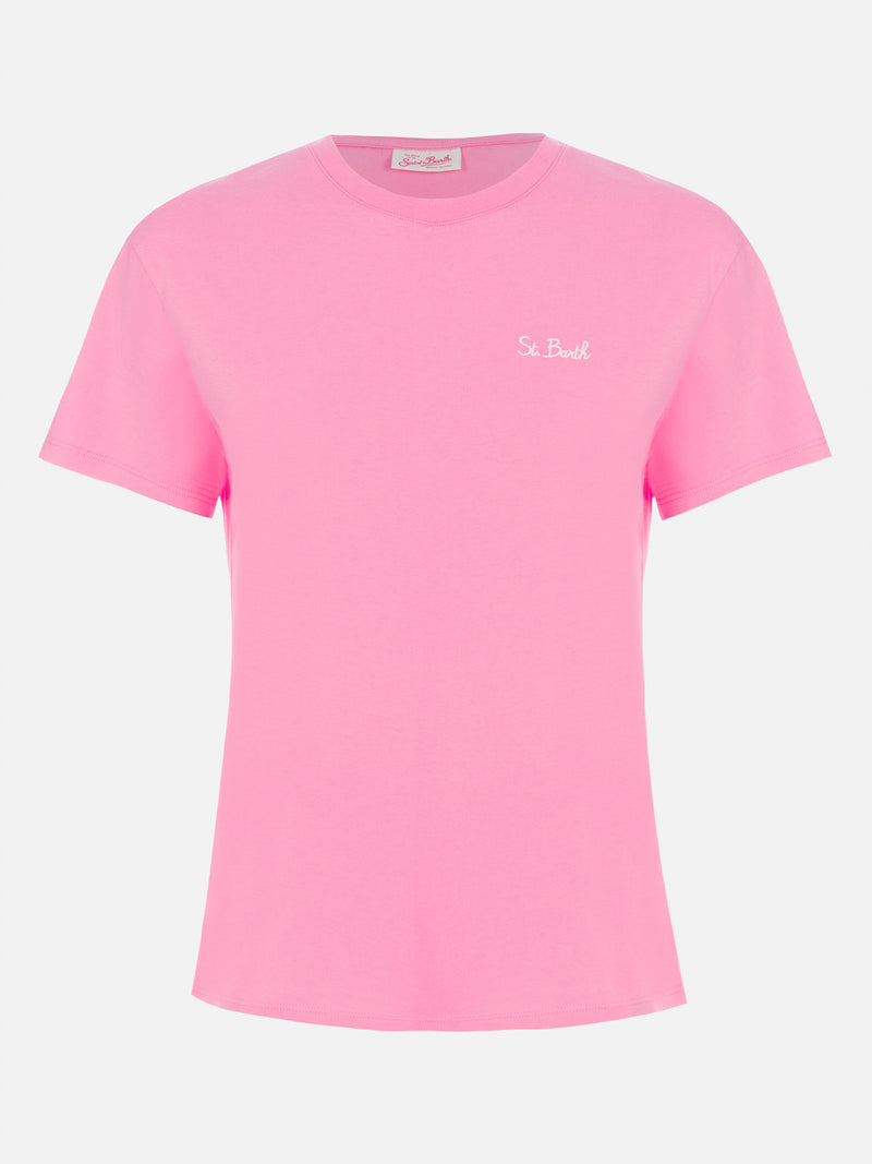 Rosafarbenes Rundhals-T-Shirt Emilie aus Baumwolljersey für Damen