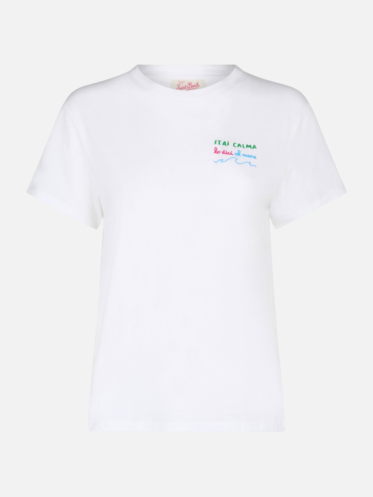 Damen-T-Shirt Emilie aus Baumwolljersey mit Rundhalsausschnitt und Stickerei „Stai Calma Lo Dici Al Mare“.
