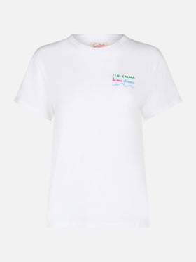 Damen-T-Shirt Emilie aus Baumwolljersey mit Rundhalsausschnitt und Stickerei „Stai Calma Lo Dici Al Mare“.