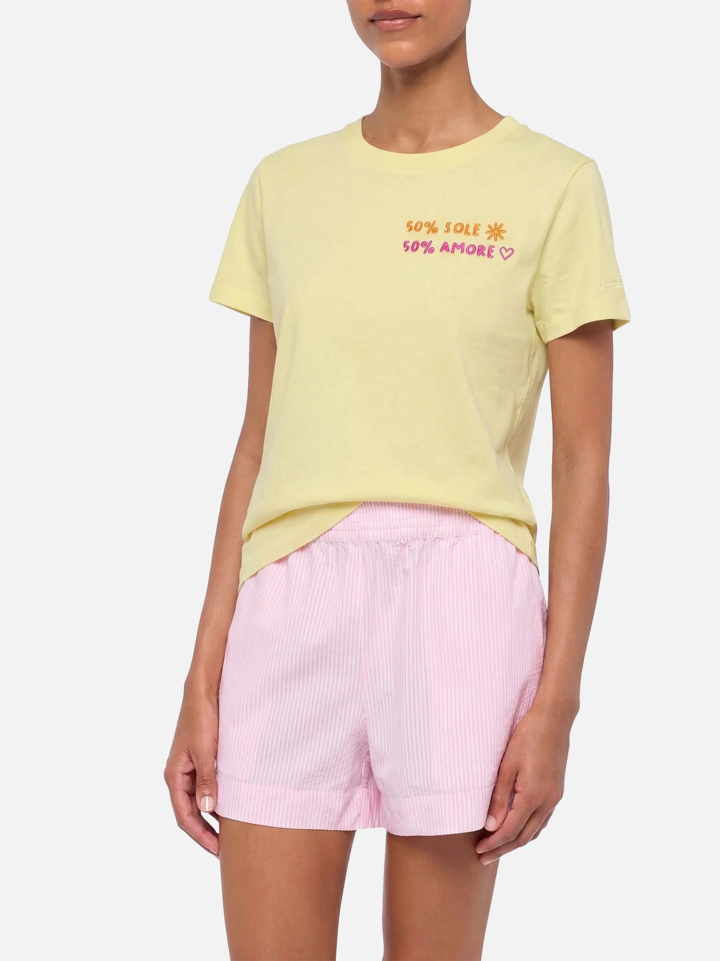 Emilie yellow cotton T-shirt with 50% Sole 50% Amore embroidery