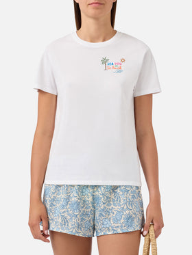 Camiseta Emilie blanca con bordado Sea You in St. Barth y strass 
