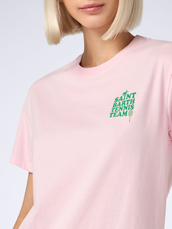 T-shirt rosa in cotone con stampa "St Barth tennis team"