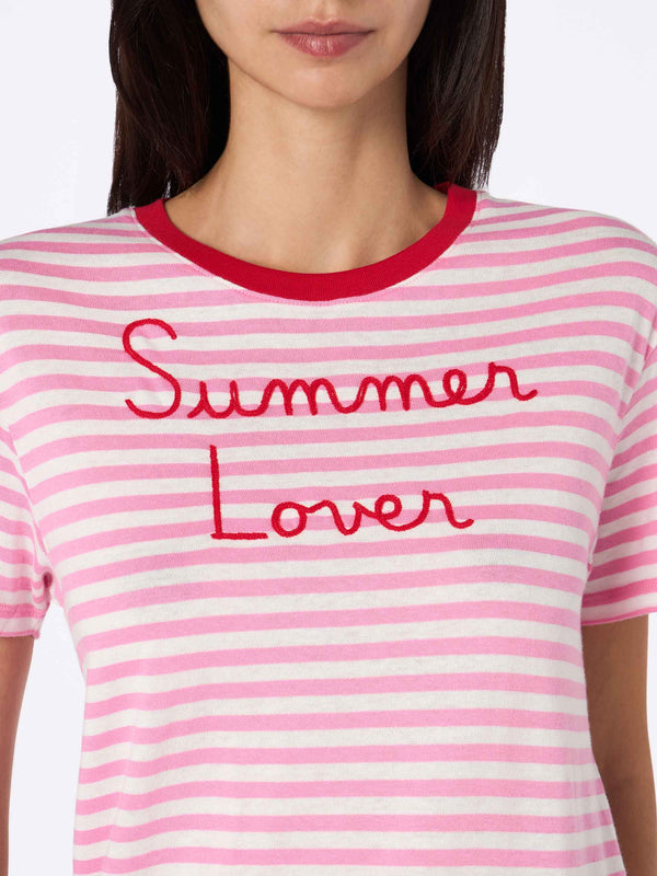 T-shirt girocollo in jersey di cotone a righe da donna Emiilie con ricamo Summer Lover