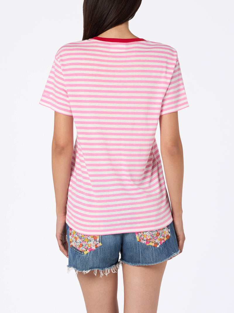 Damen-T-Shirt Emilie aus gestreiftem Baumwolljersey mit Rundhalsausschnitt und „Summer Lover“-Stickerei