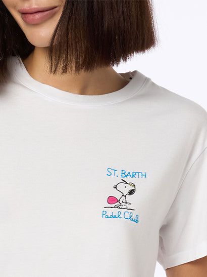 Rosafarbenes Rundhals-T-Shirt Emilie aus Baumwolljersey für Damen mit Snoopy St. Barth Padel Club-Stickerei | SNOOPY PEANUTS SPECIAL EDITION