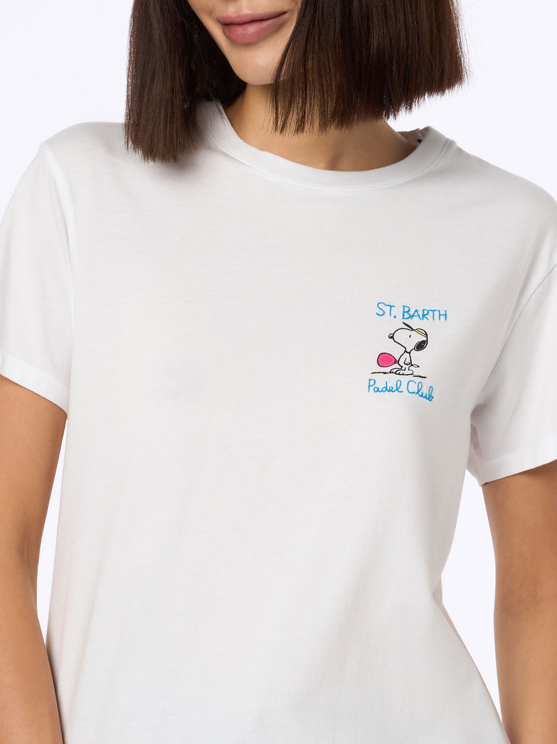 Rosafarbenes Rundhals-T-Shirt Emilie aus Baumwolljersey für Damen mit Snoopy St. Barth Padel Club-Stickerei | SNOOPY PEANUTS SPECIAL EDITION