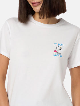 T-shirt girocollo in jersey di cotone rosa da donna Emilie con ricamo Snoopy St. Barth Padel Club | EDIZIONE SPECIALE SNOOPY PEANUTS