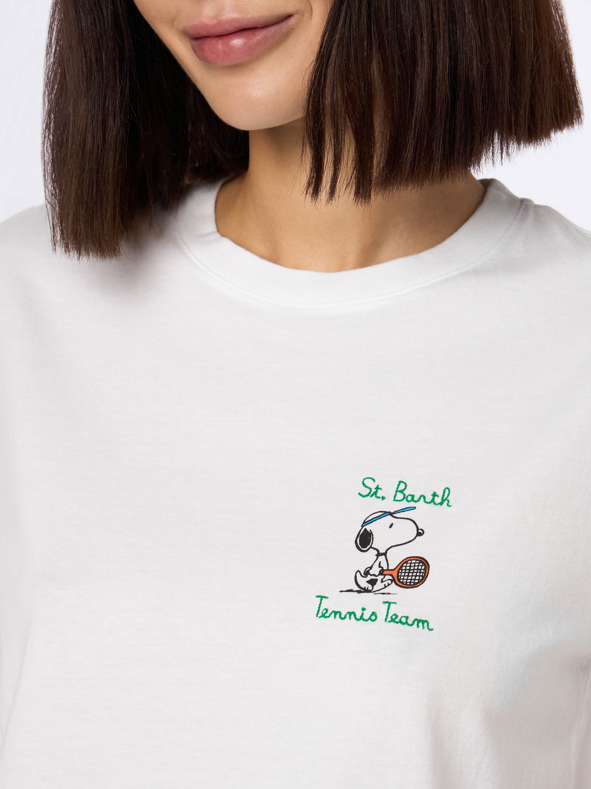 Woman pink cotton jersey crewneck t-shirt Emilie with Snoopy St. Barth Tennis Team embroidery | SNOOPY PEANUTS SPECIAL EDITION - MC2 Saint Barth