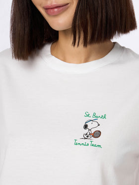 Woman pink cotton jersey crewneck t-shirt Emilie with Snoopy St. Barth Tennis Team embroidery | SNOOPY PEANUTS SPECIAL EDITION - MC2 Saint Barth
