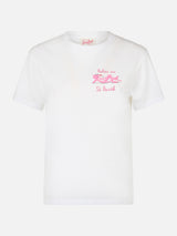 T-shirt girocollo in jersey di cotone bianco da donna Emiilie con ricamo Relax in St. Barth | EDIZIONE SPECIALE PINK PANTHER