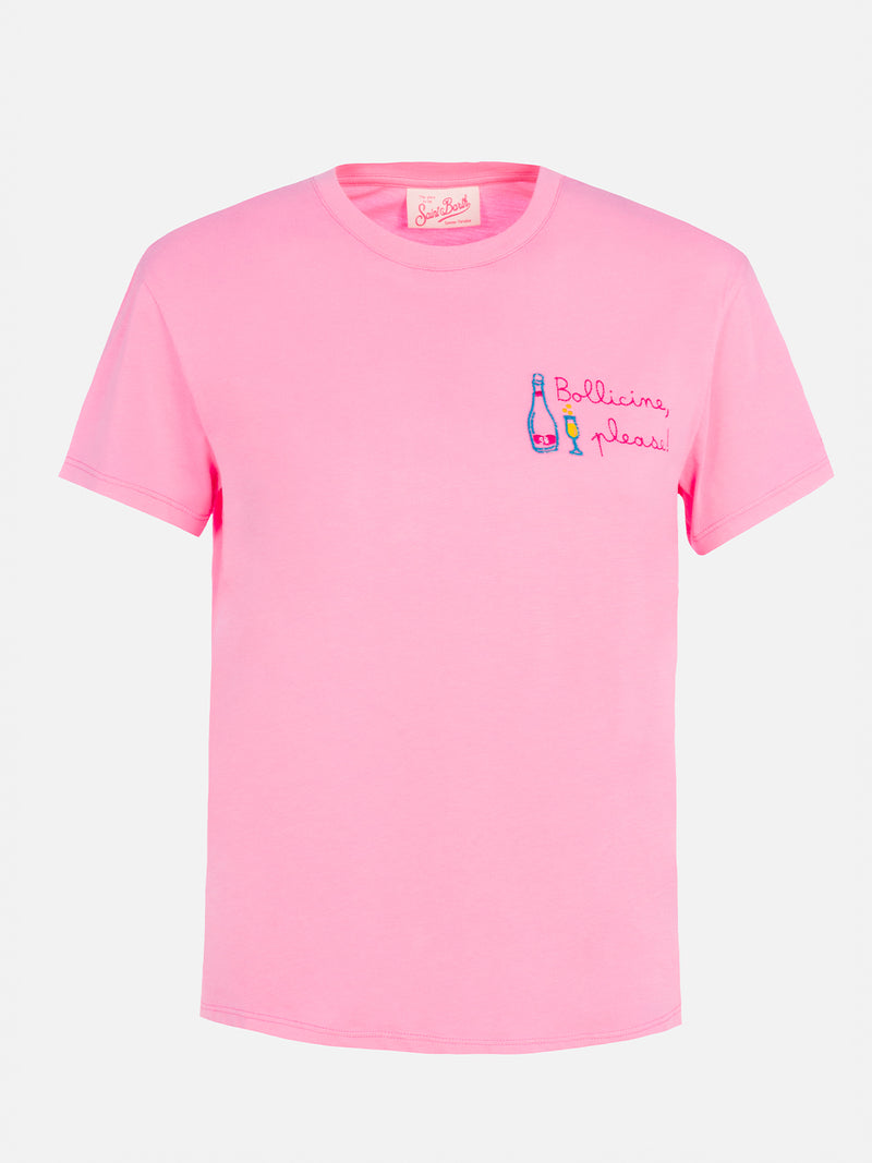 T-shirt girocollo in jersey di cotone rosa da donna Emilie con ricamo Bollicine, please