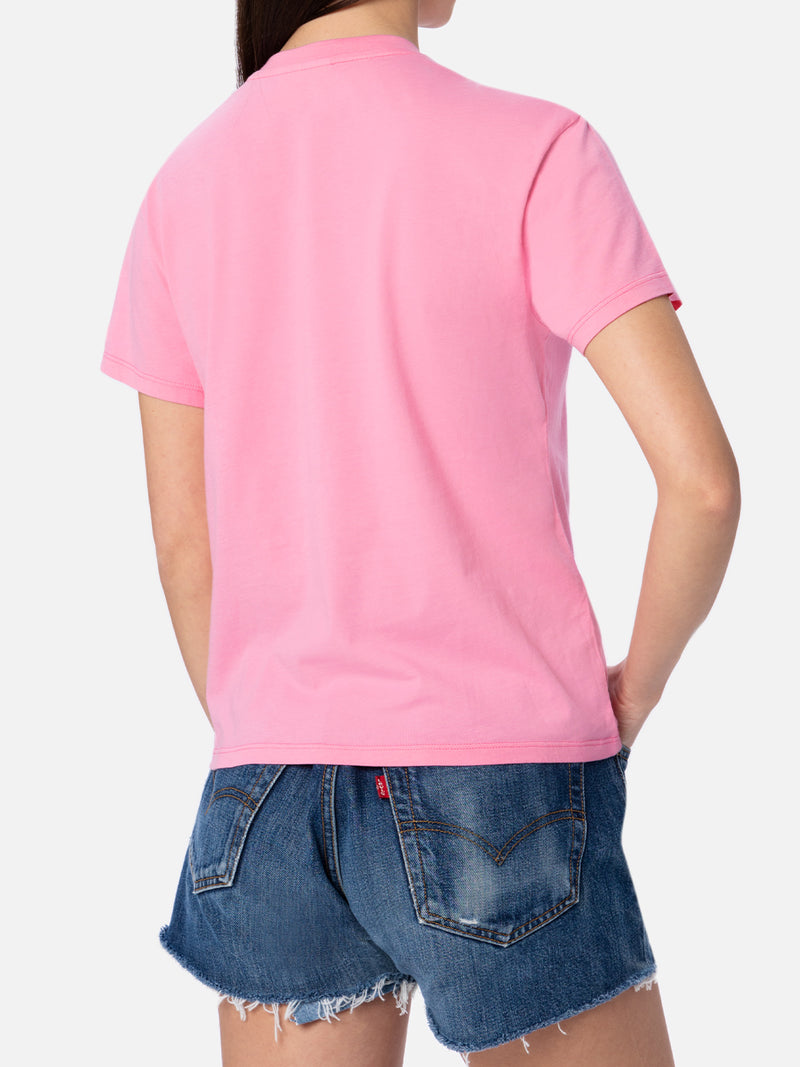 T-shirt girocollo in jersey di cotone rosa da donna Emilie con ricamo Bollicine, please